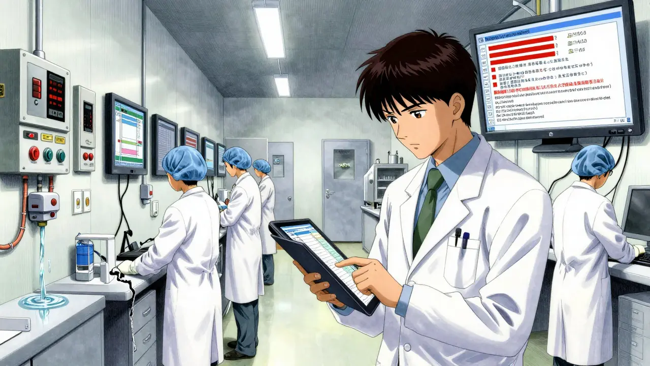 FDA inspector reviews digital records in a sprout facility with automated systems and visible compliance issues.