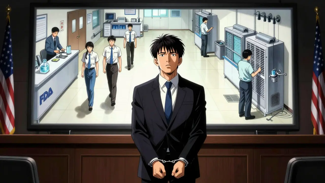 Foreign executive faces legal consequences as FDA inspection footage projects in a U.S. courtroom.