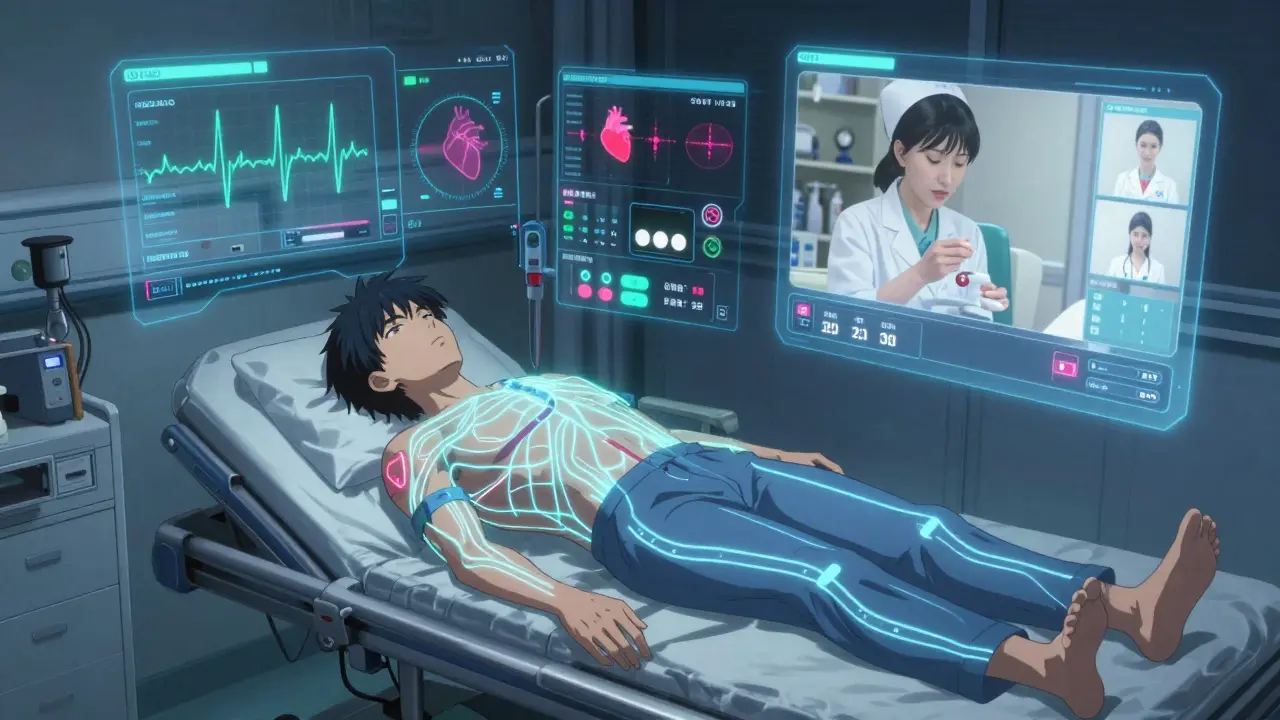 Futuristic medical dashboard overlays patient's body with health sensors and AI alerts.