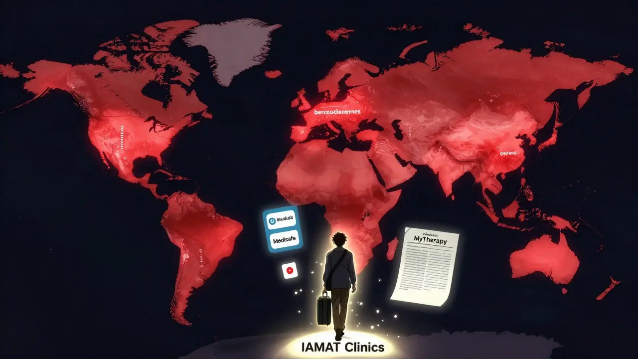 Global map with banned medication zones, traveler walking path marked by clinic icons and digital tools.