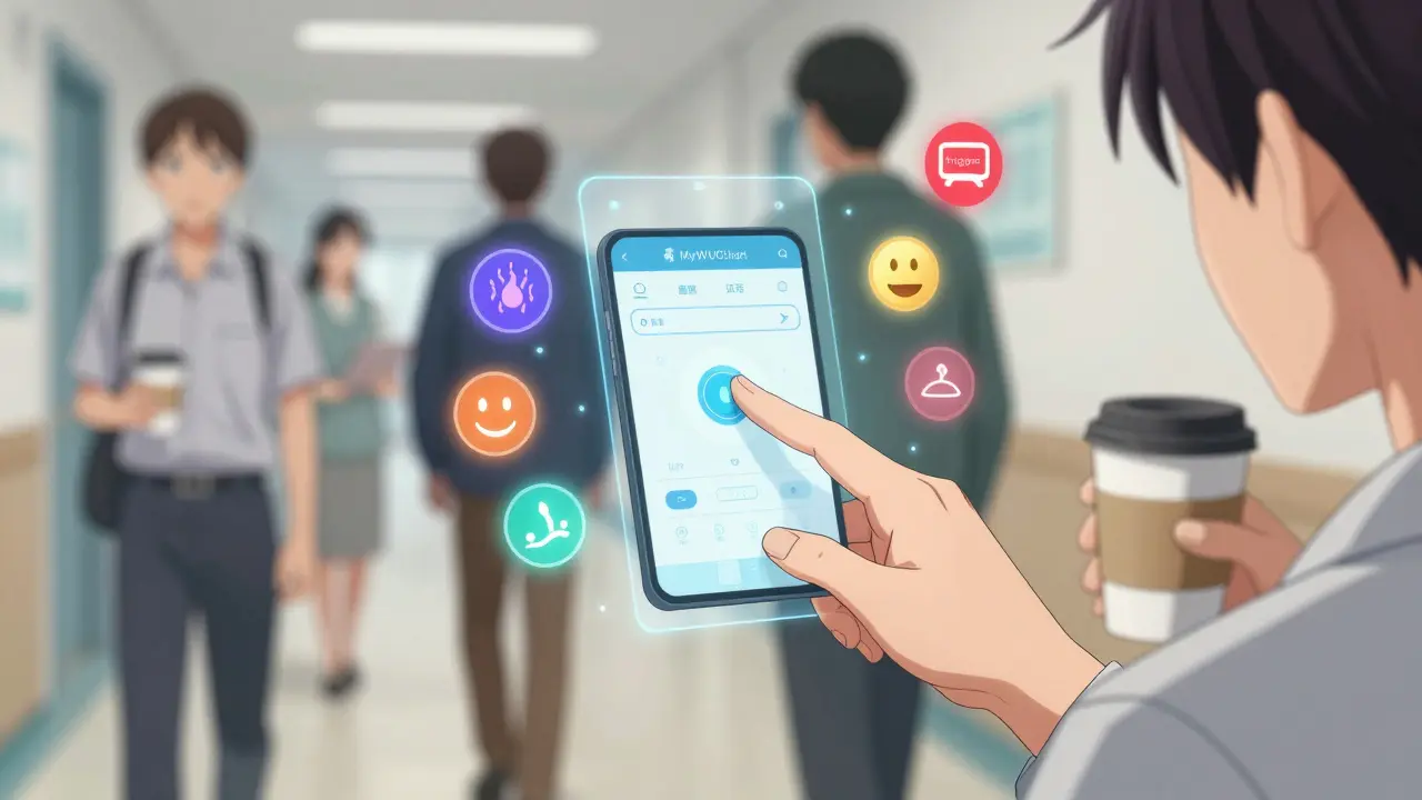 Hand interacting with a holographic app showing emotional and health metrics.