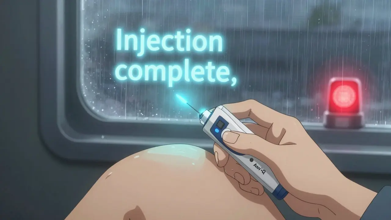 Hand using Auvi-Q auto-injector with voice prompt glowing in dark room