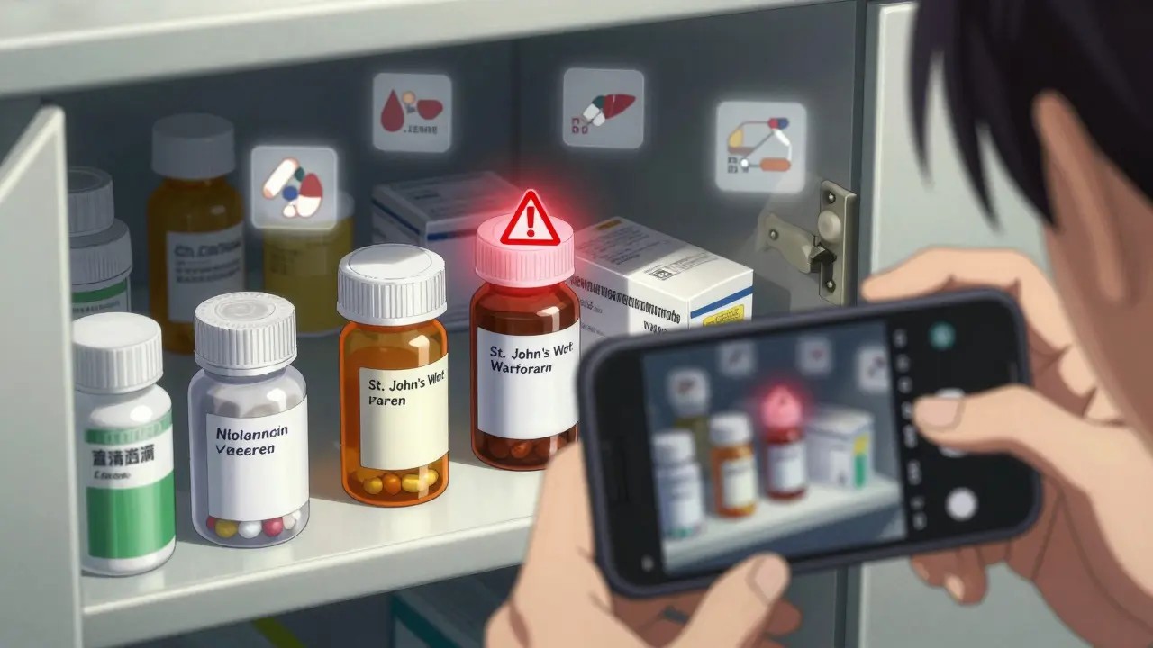 Medicine cabinet with labeled bottles, phone taking photo, red warning icon over St. John’s Wort and warfarin.