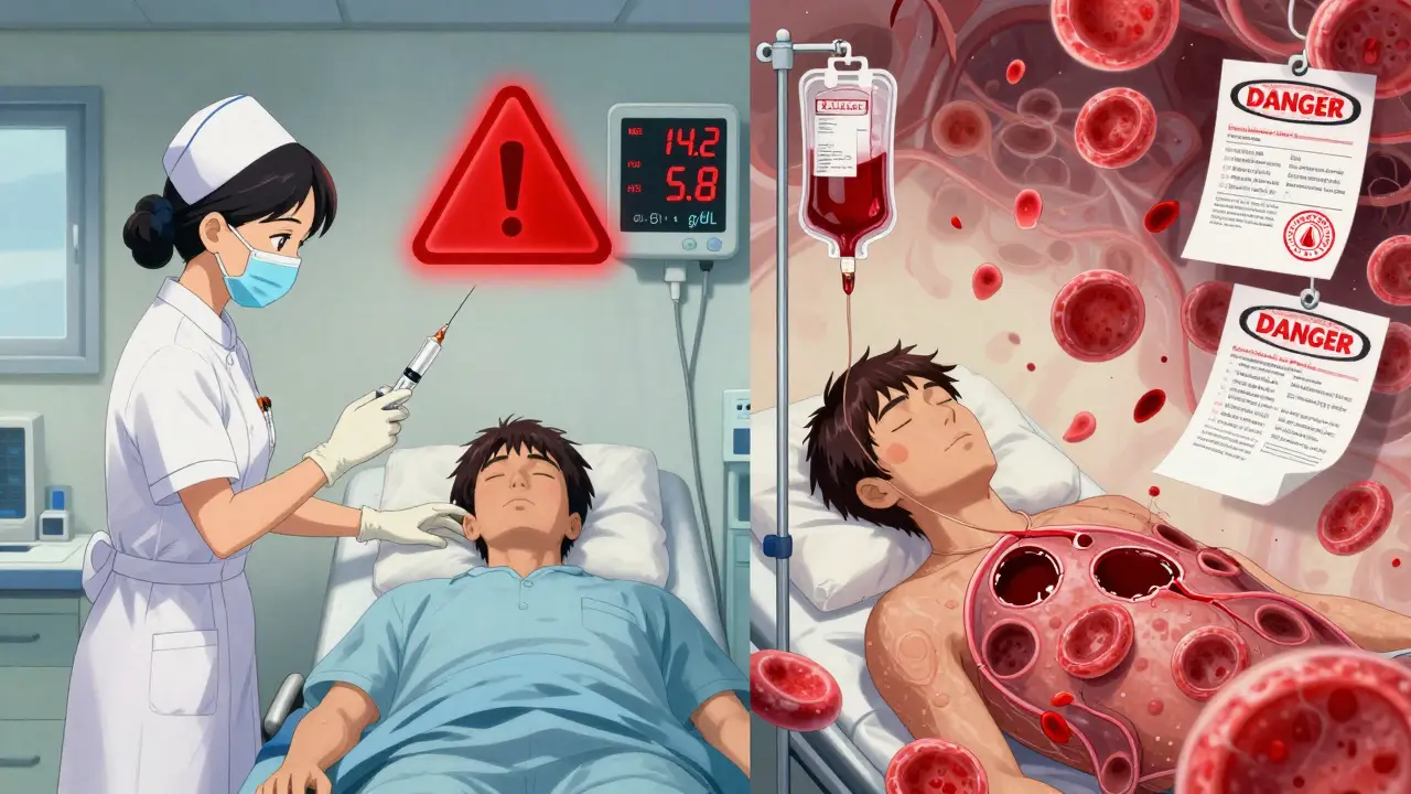 Nurse giving dangerous drug to patient, contrasted with patient's plummeting hemoglobin and blood transfusions in a medical crisis.