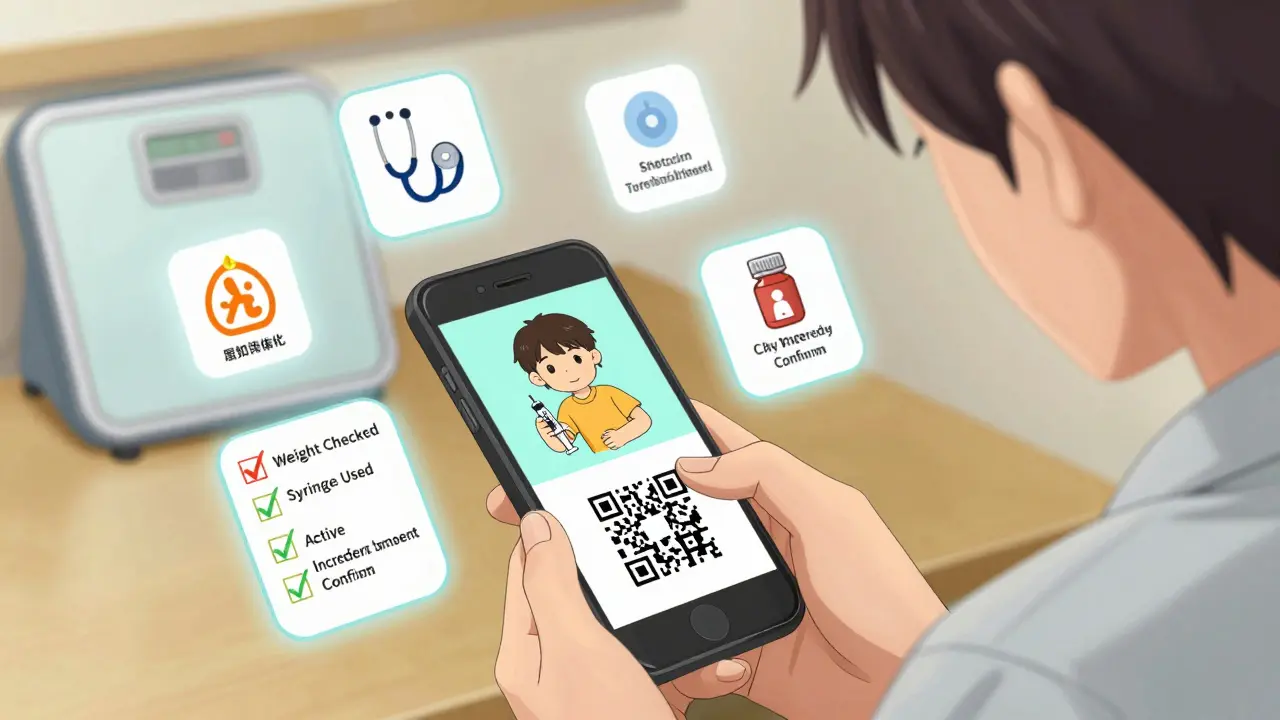 Parent scanning QR code on medicine bottle showing dosing video overlay