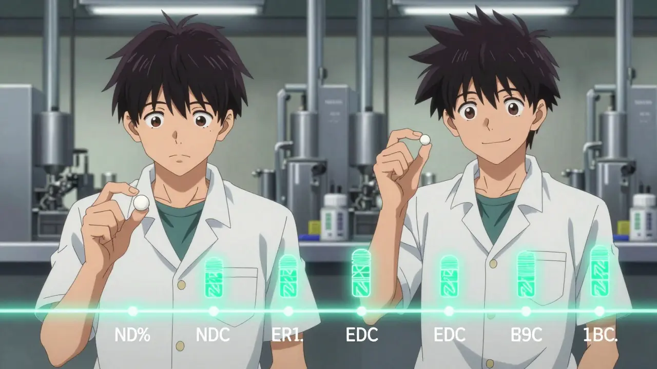 Patient comparing an unbranded pill to the brand version, with medical stats floating as glowing symbols in the background.