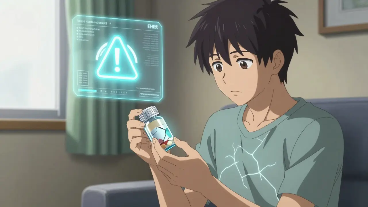 Patient holding generic pill with digital overlay showing abnormal drug release pattern