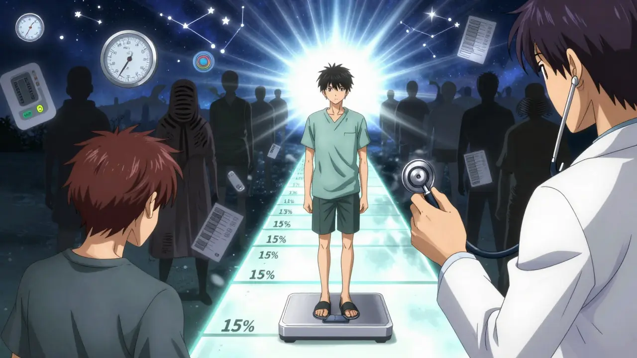 Patient standing on a light-path scale as health metrics glow around them.