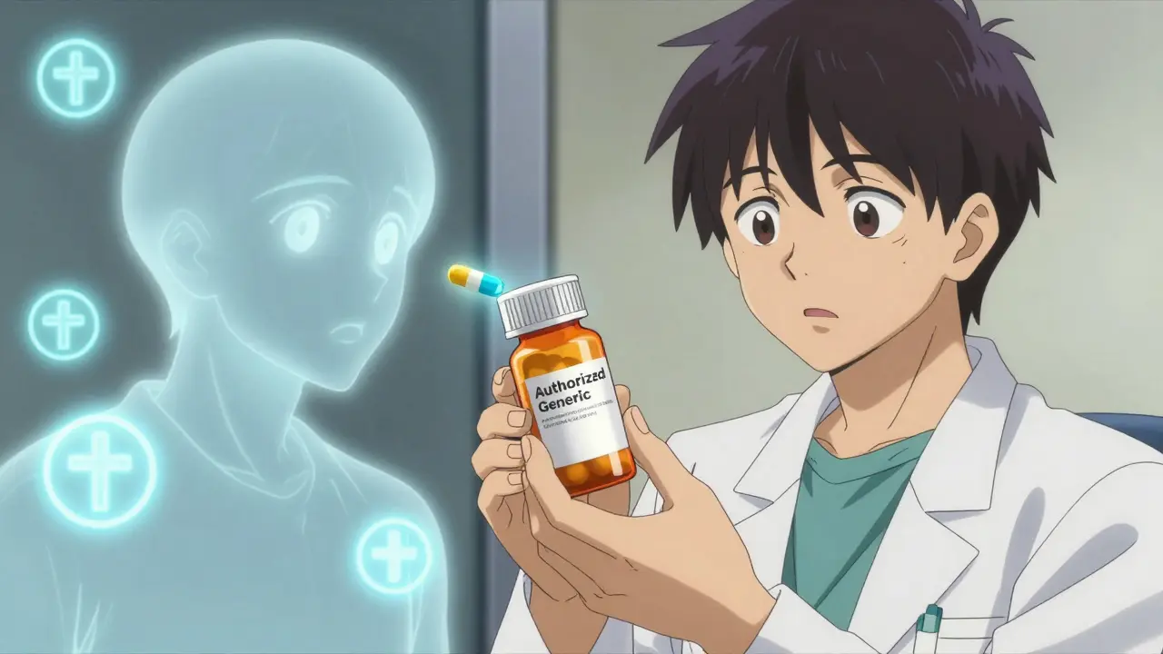 Pharmacist handing an authorized generic pill bottle to a patient, with a ghost image of the brand pill beside it.