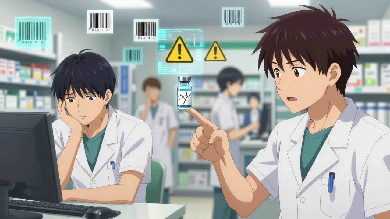 Pharmacy team debating an override, broken barcode on ampule, holographic warnings flickering above.