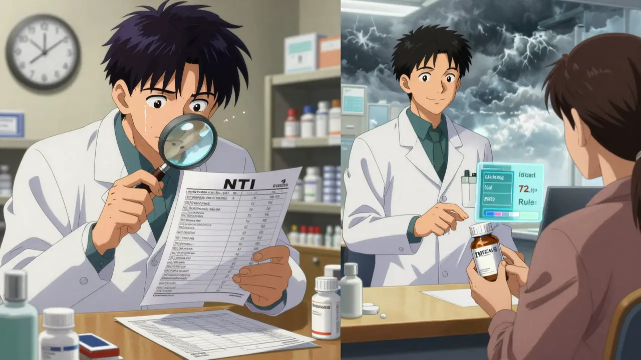 Split scene: Kentucky pharmacist checking NTI list vs. California pharmacist handing generic, contrasting states.
