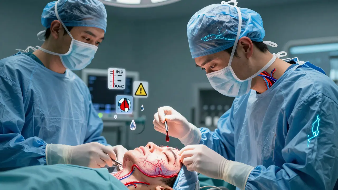 Surgeon performing facelift with glowing blood vessels and suspended blood droplet symbolizing bleeding-clotting balance.