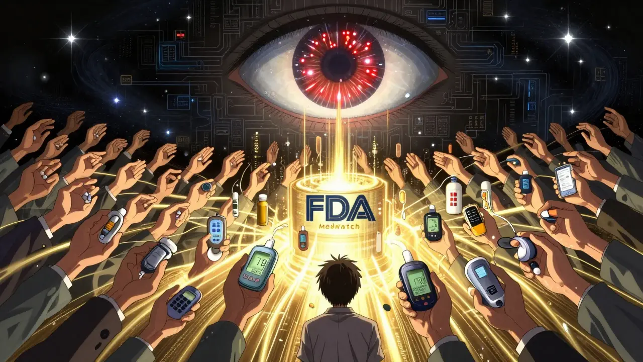 Thousands of hands sending reports into a central data core with warning signals forming.