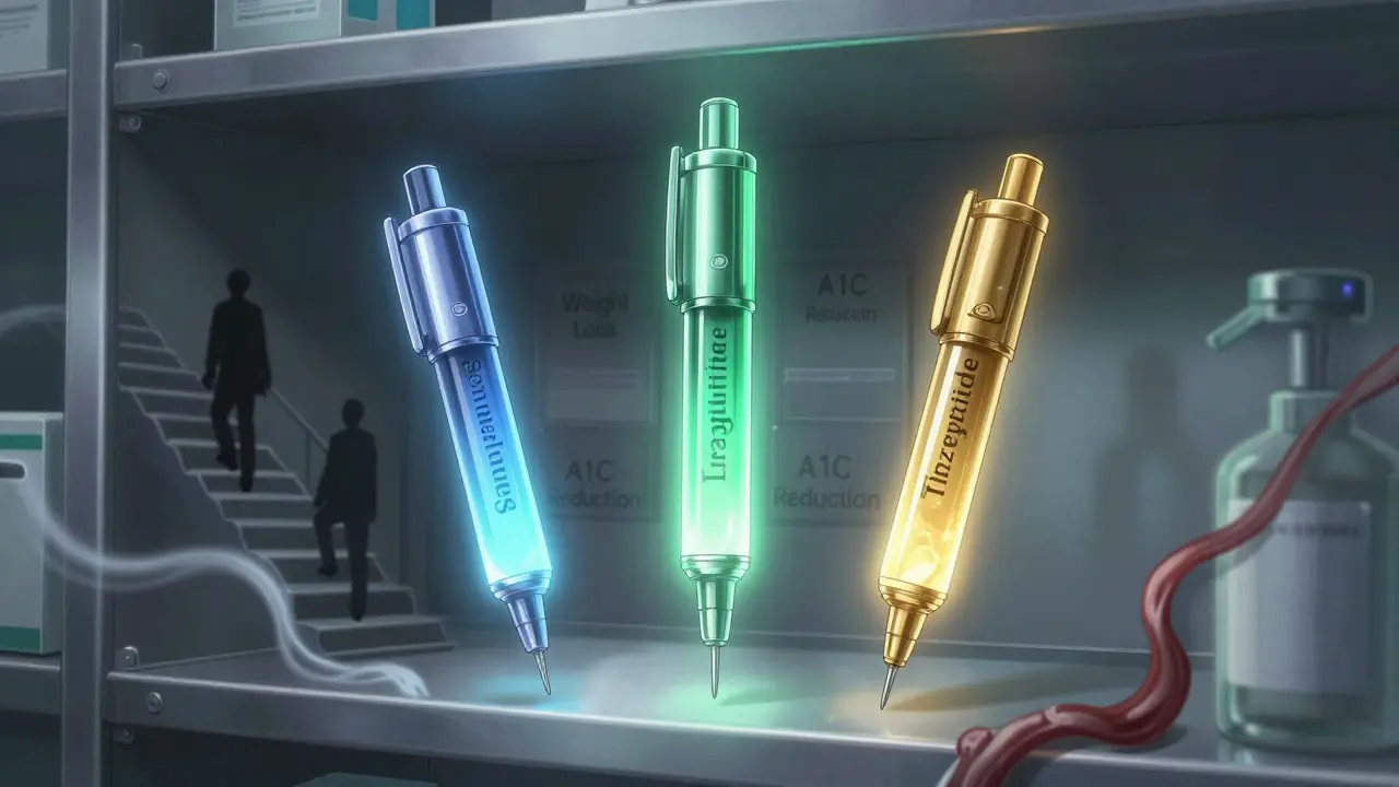 Three glowing GLP-1 medication pens floating with colored auras on a pharmacy shelf