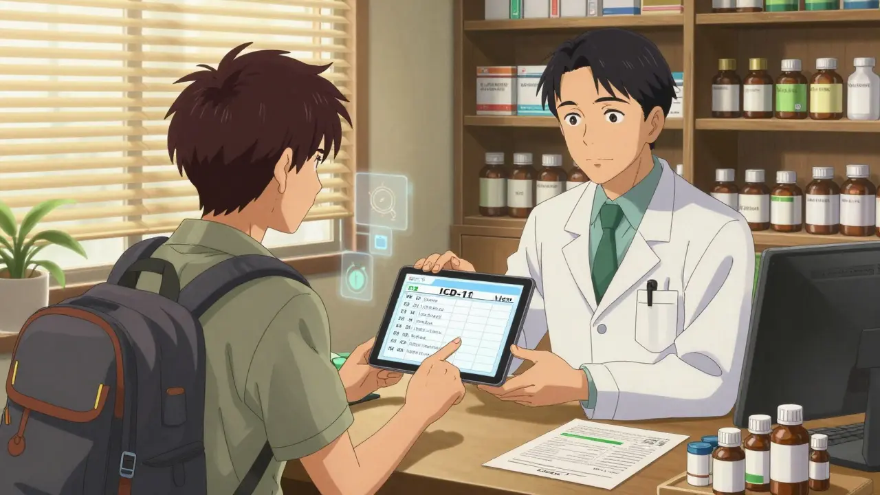 Traveler receiving local prescription in Bangkok clinic, doctor shows tablet with medical codes.