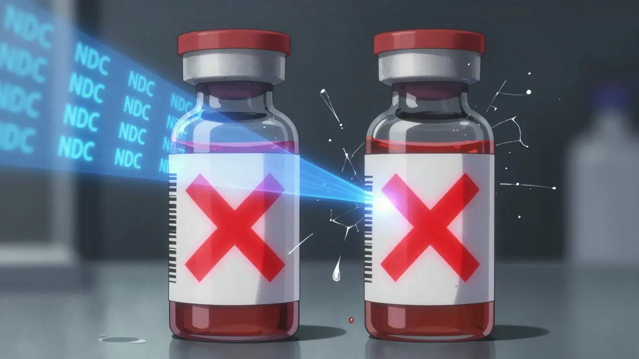 Two similar vials side by side, barcode scanner highlighting the wrong one with a red X and digital codes.
