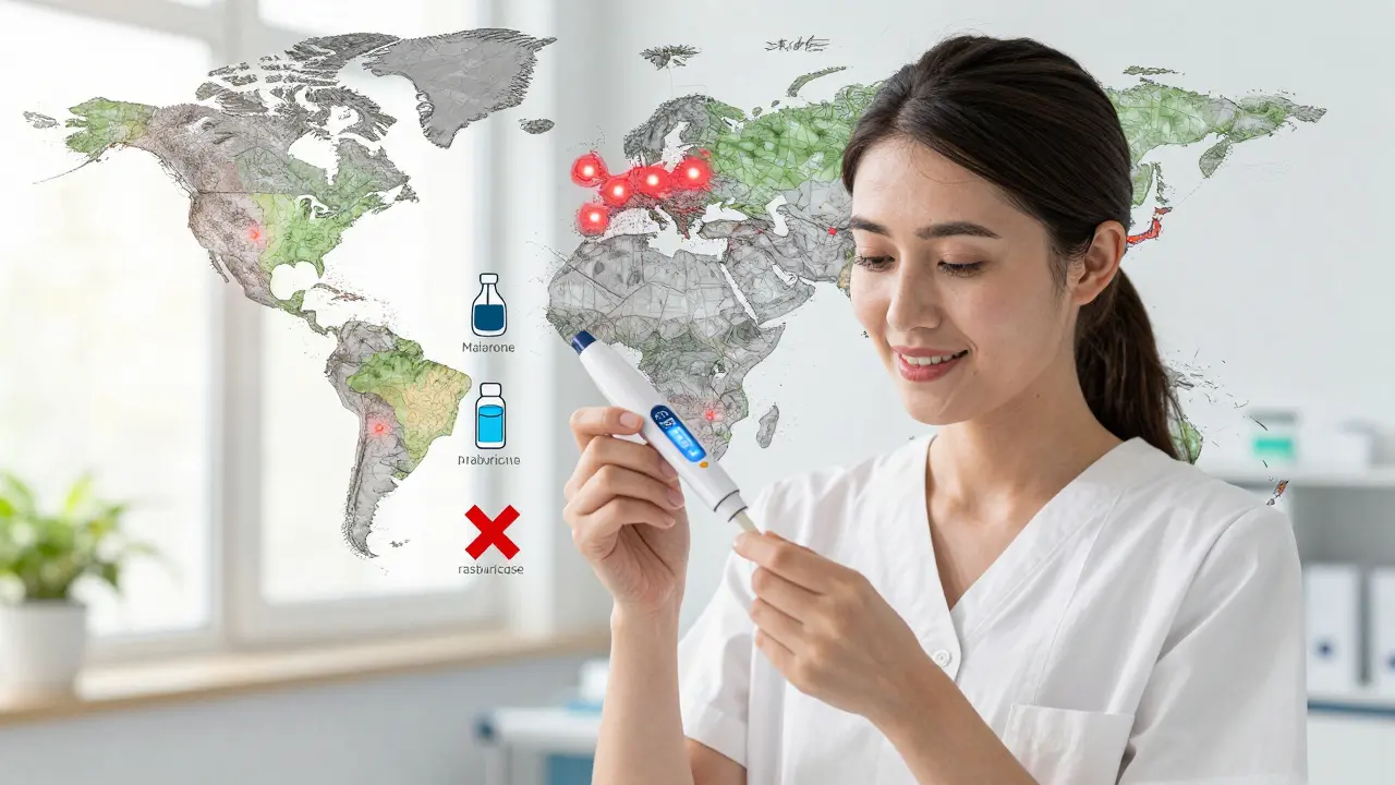 Woman holding a G6PD test device, safe and unsafe medications floating around her, global risk regions glowing in the background.