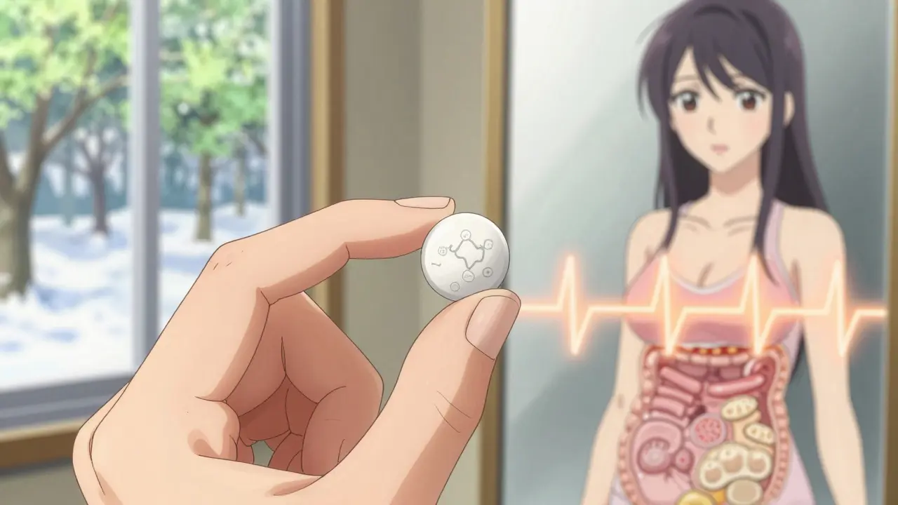 A close-up of a metformin pill with microscopic symbols, showing internal body transformation and seasonal renewal.