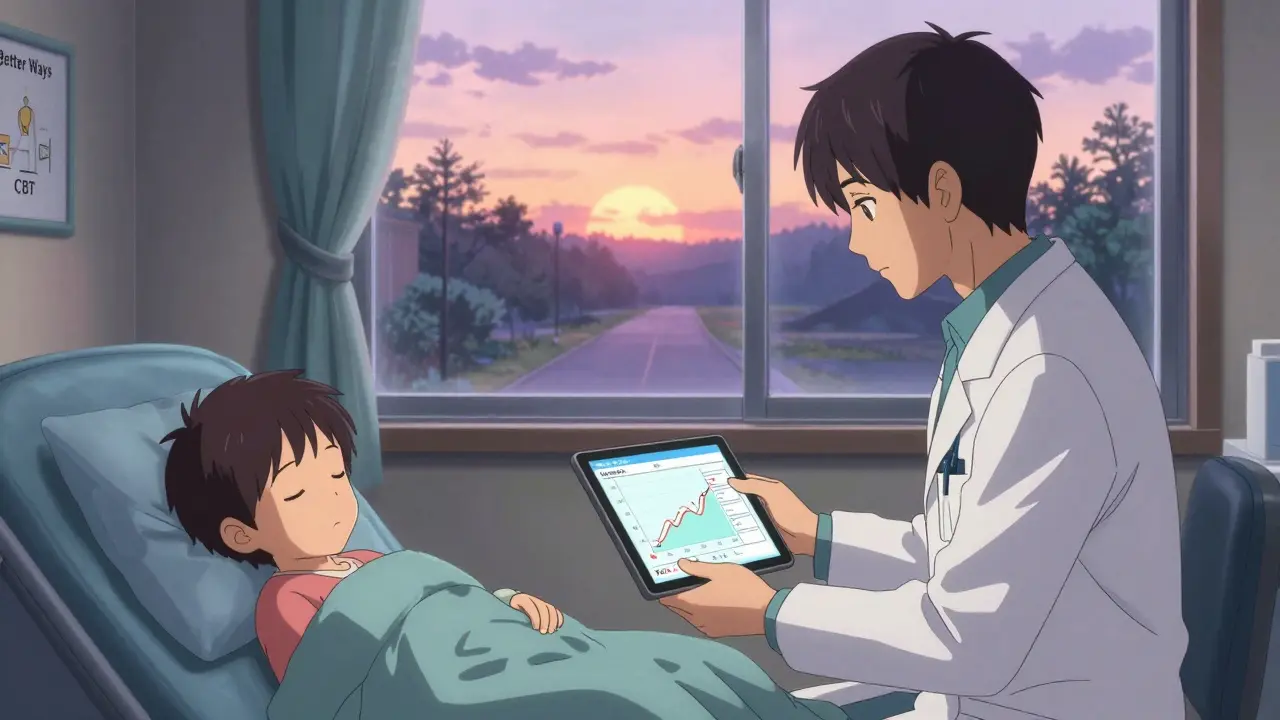 A doctor and parent review pain relief data in a quiet clinic as a child sleeps, with sunlight highlighting non-drug healing paths outside.