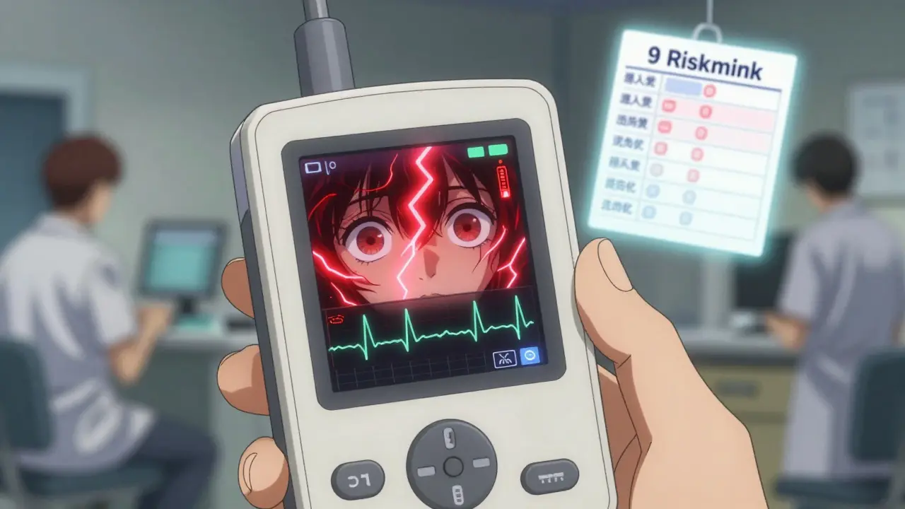 A handheld ECG shows a normal reading, but the patient's eyes reflect a ghostly arrhythmia storm.