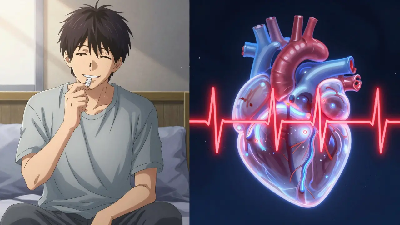 A man takes a macrolide pill as his heart's ion channels glow with a blocked potassium channel and rising QT spike.