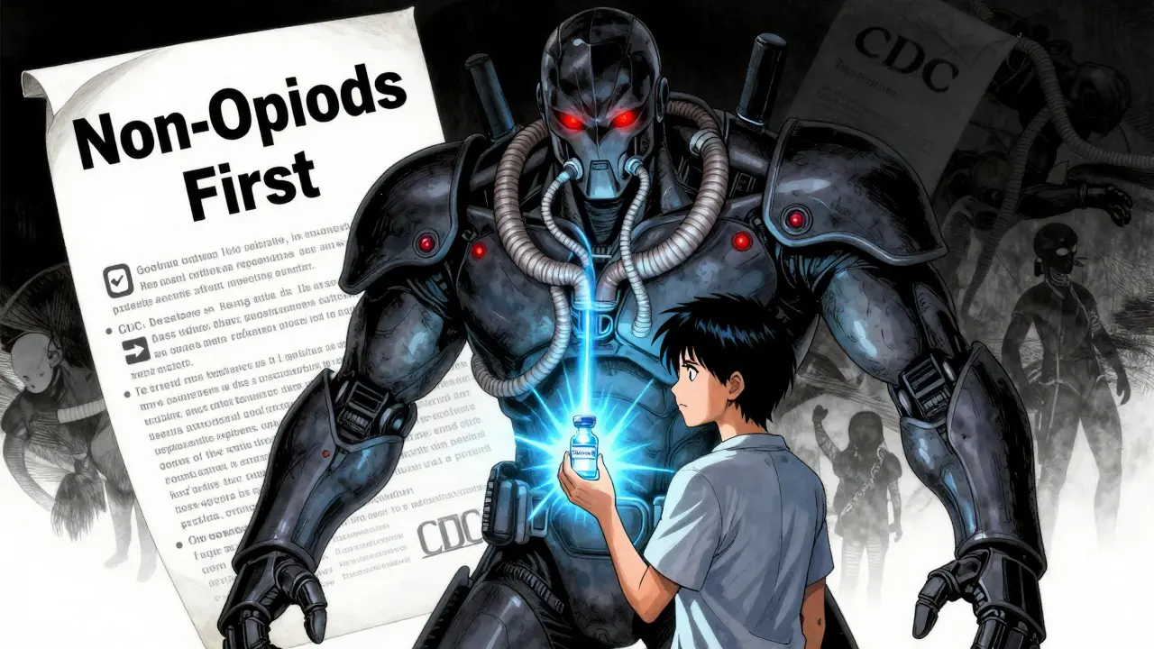 A menacing opioid monster towers over a patient holding a glowing blue non-opioid pill, with CDC guidelines visible in the background.