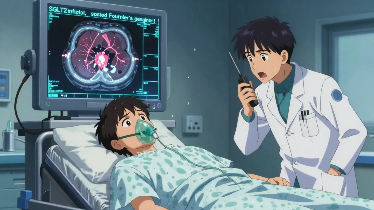 A patient being rushed to surgery in an ER, with a CT scan showing tissue death and medical staff in action.