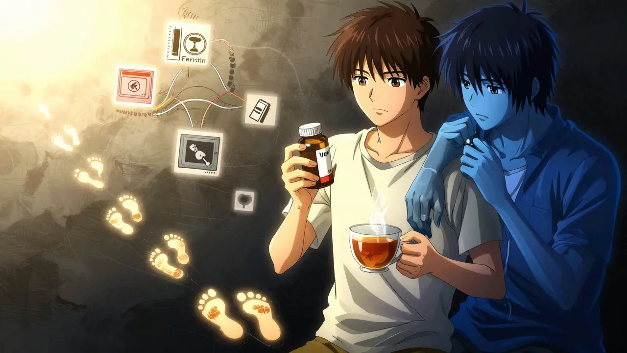 A patient transitioning from dark medication use to light lifestyle changes, with iron supplements and sleep hygiene symbols glowing beside them.