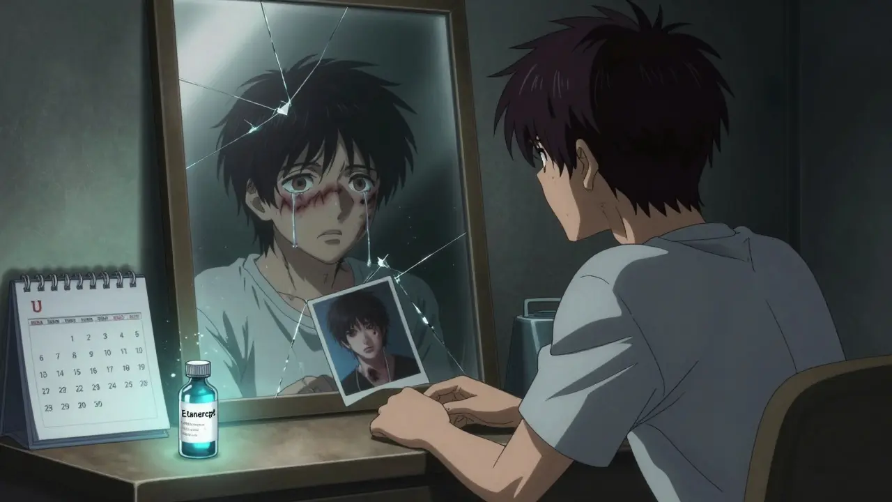 A survivor staring at a cracked mirror, reflecting their scarred self, with a glowing treatment vial nearby.
