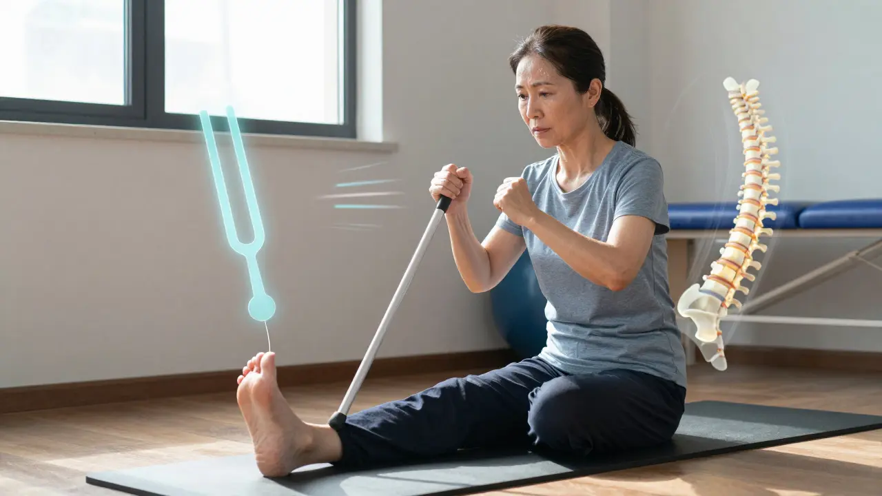 A woman undergoing physical therapy for neuropathy, balancing on one foot with medical tools floating around her as she trains for stability.