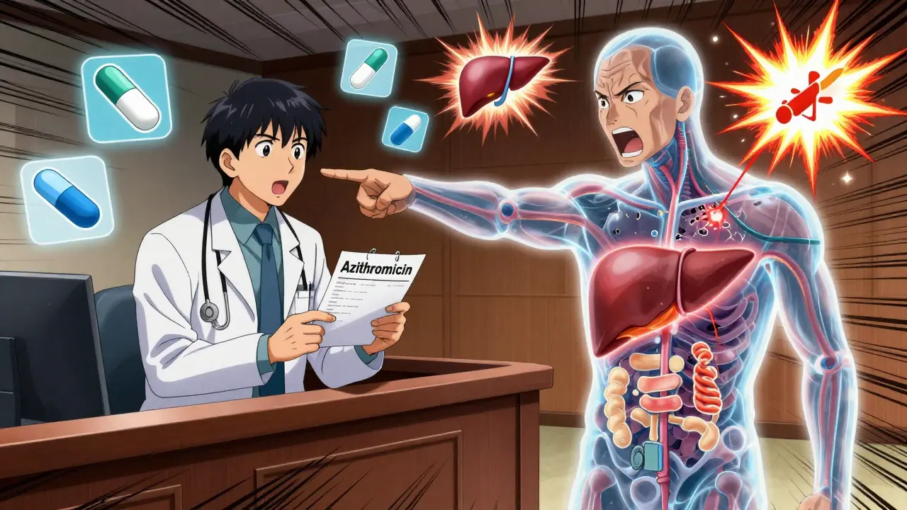 Doctor holding azithromycin prescription as patient's damaged liver confronts them with enzyme graphs exploding.