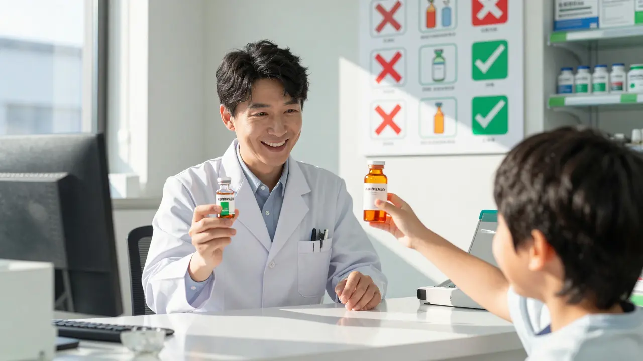 Pharmacist showing two azithromycin vials—one clumpy from fridge, one smooth at room temp—child reaching for the good one