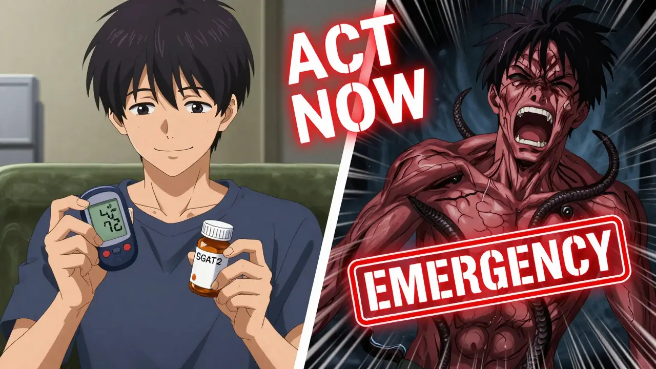 Split image: one side calm with medication, other side in agony—highlighting the sudden danger of SGLT2 inhibitors.