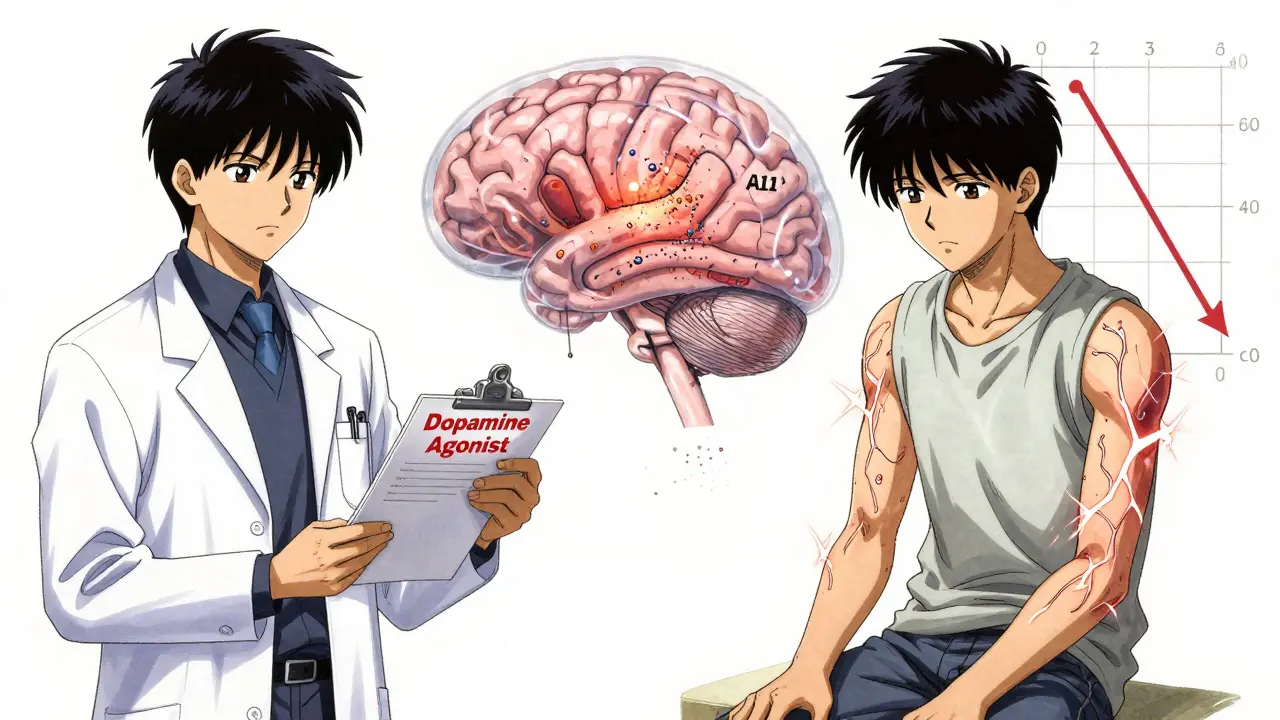 Split medical scene showing a doctor prescribing dopamine agonists on one side, and the same patient suffering symptom spread on the other.