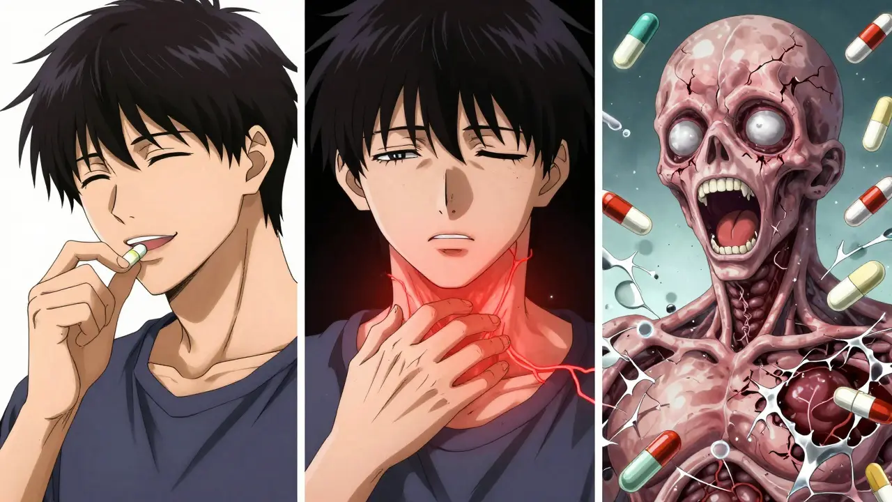 Split-panel illustration showing drug intake, early symptoms, and full-body skin detachment with floating medication icons.