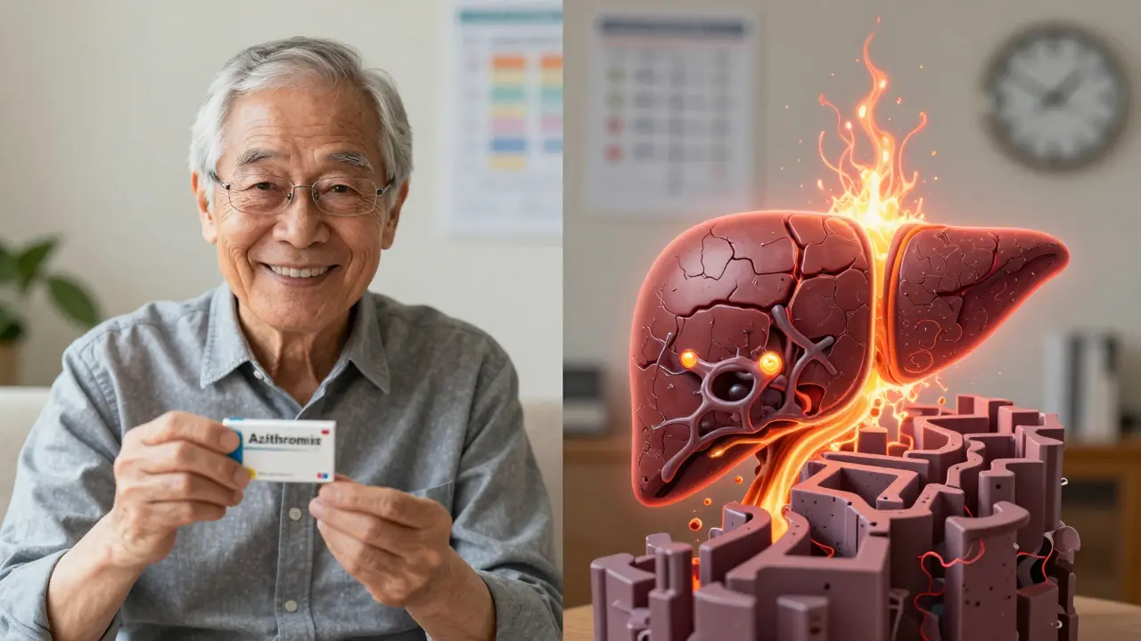 Split scene: man taking azithromycin vs. his liver transforming into a blocked, erupting organ.