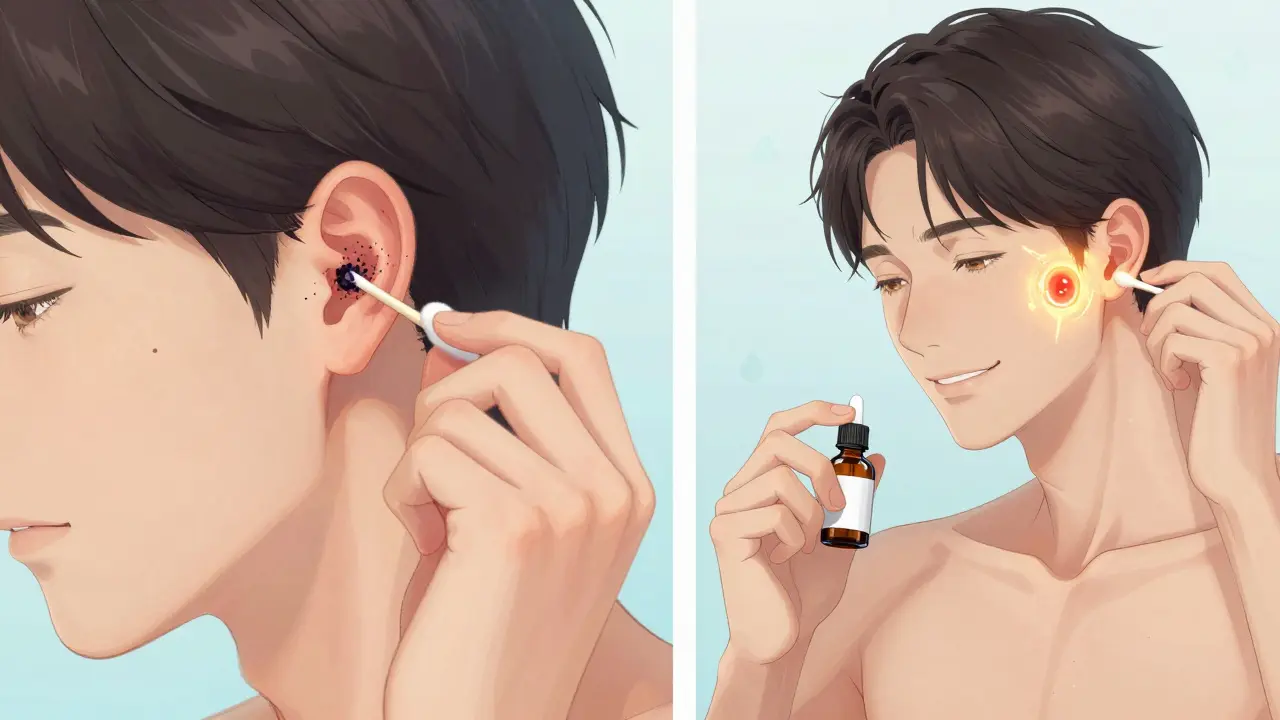 Split scene: one side shows ear damage from cotton swab, other shows healed ear with protective barrier.