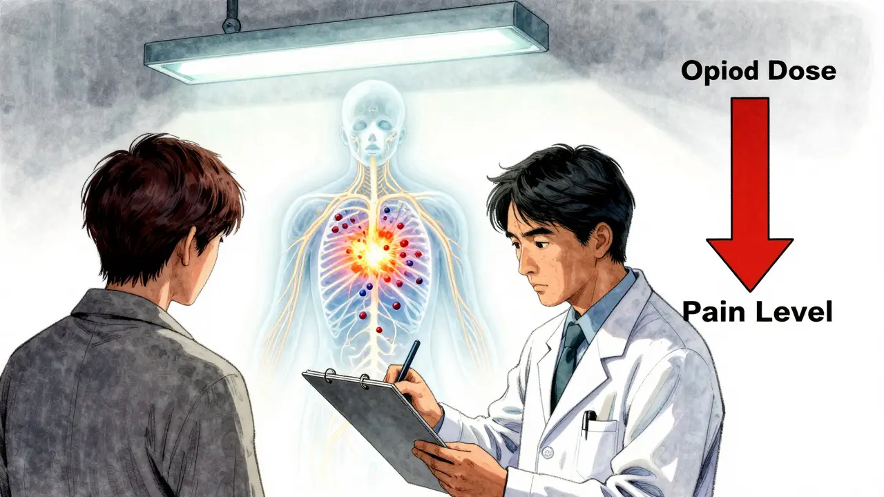 A doctor reviewing a chart as a glowing nervous system behind them shows overactive pain receptors and conflicting opioid and pain arrows.