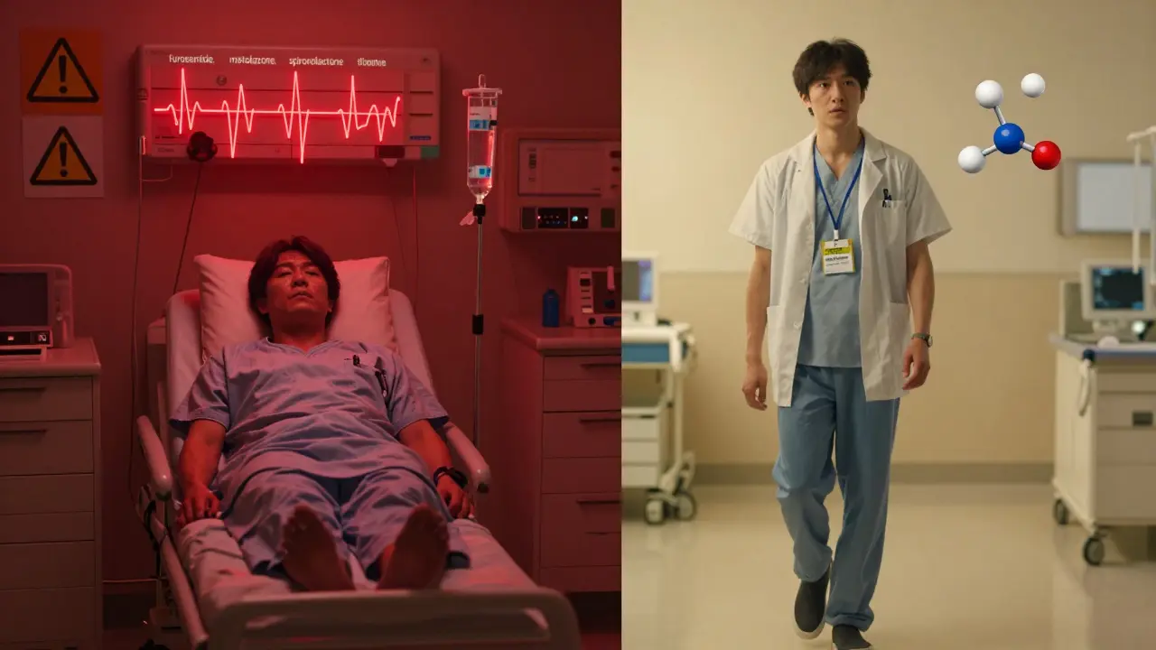 A patient's journey from ICU danger to recovery, contrasted with new safer diuretic treatments.