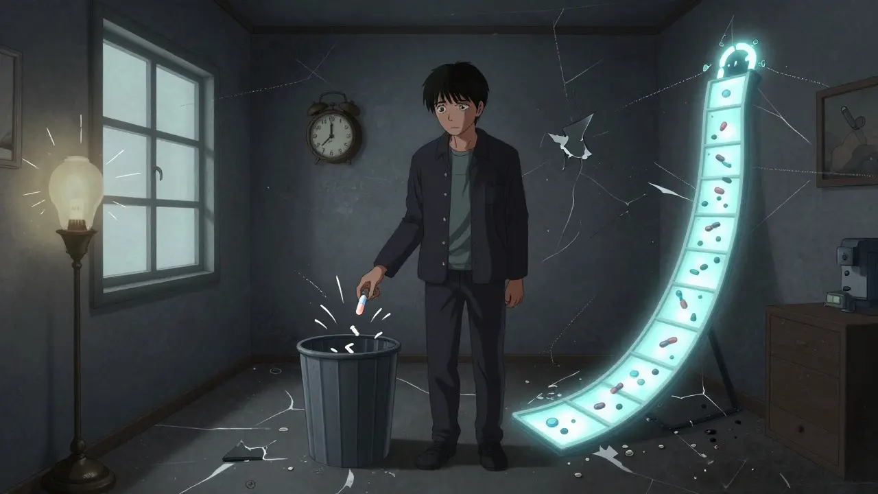 A person lowering an opioid pill into a bin while glowing treatment pathways rise like a ladder, symbolizing recovery from opioid-induced hyperalgesia.