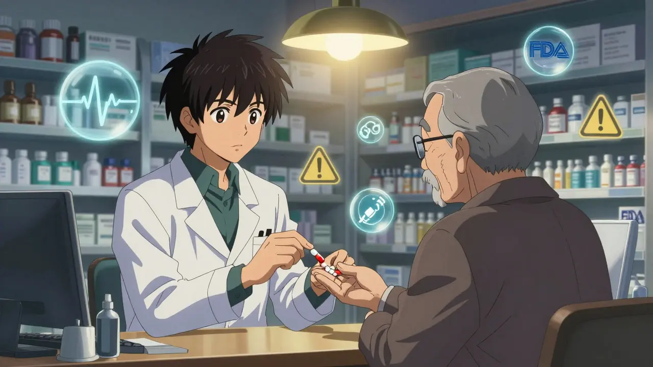 A pharmacist explaining a medication switch to an elderly patient in a softly lit pharmacy.