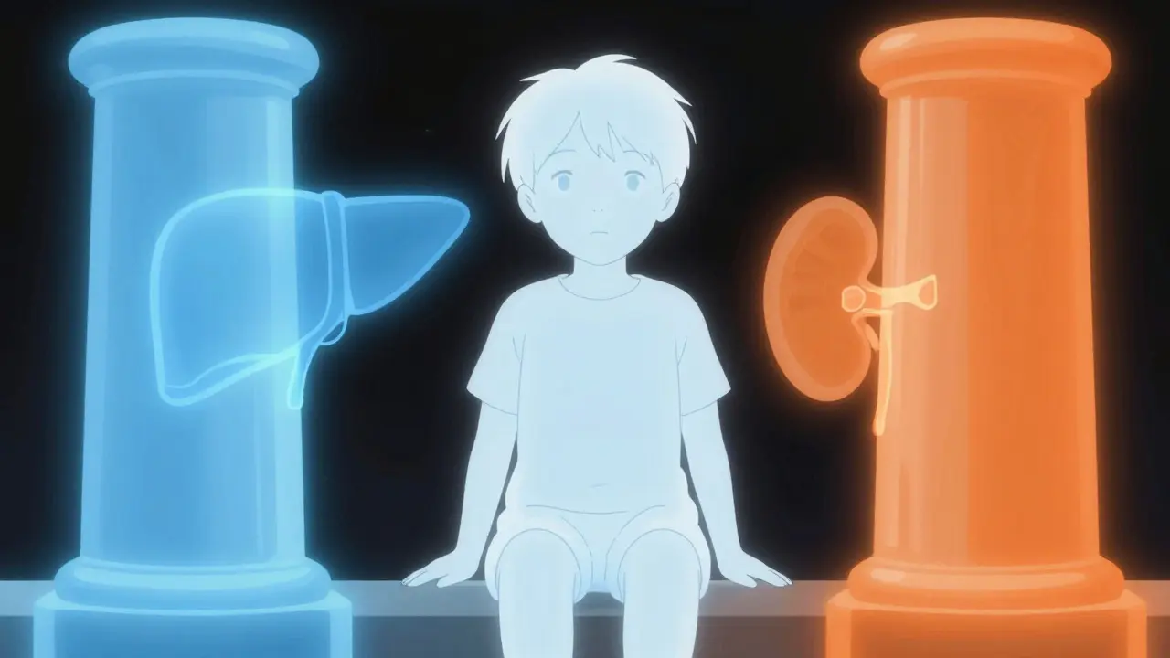 Abstract pillars guarding child with liver outline