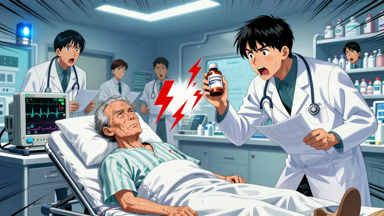 An emergency room scene with a patient suffering hyperkalemia from a dangerous drug combo, doctors reacting urgently.