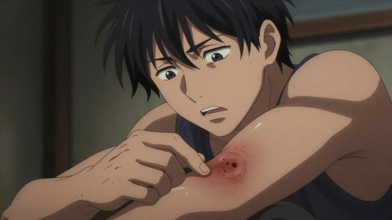 Character examining severe bruise on arm with alarmed expression.