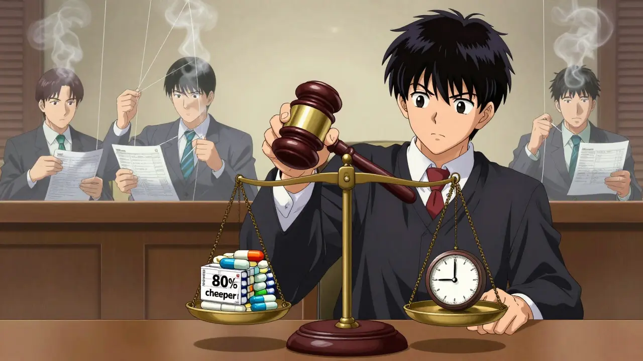Courtroom scale with generic pills versus branded pill, corporate figures pulling strings over patients' prescriptions.