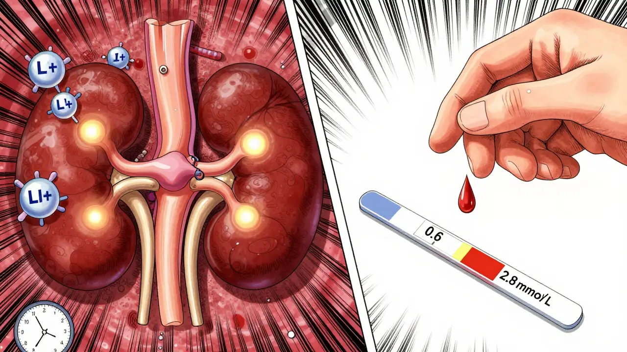 Kidney filtration system with lithium reabsorption and spiked blood level reading, manga-style anatomy.