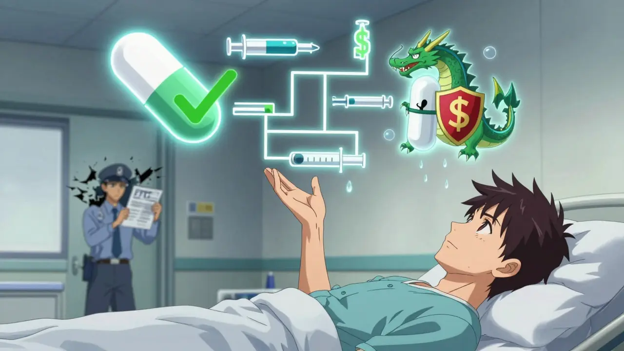 Patient in hospital bed reaching for a generic pill amid floating medical icons and a corporate dragon blocking the branded version.