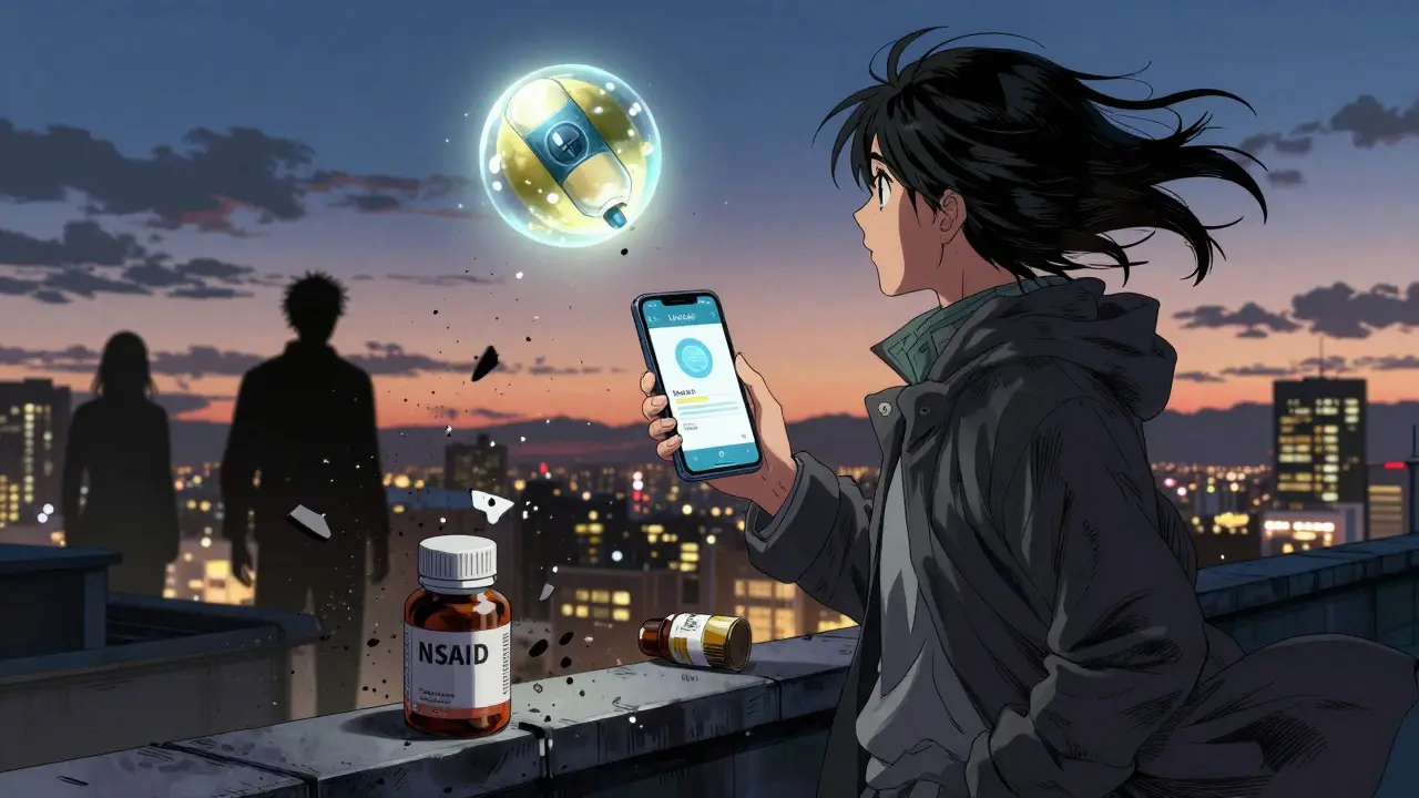 Patient on rooftop with safe lithium app glowing, dangerous pills crumbling behind, anime aesthetic.