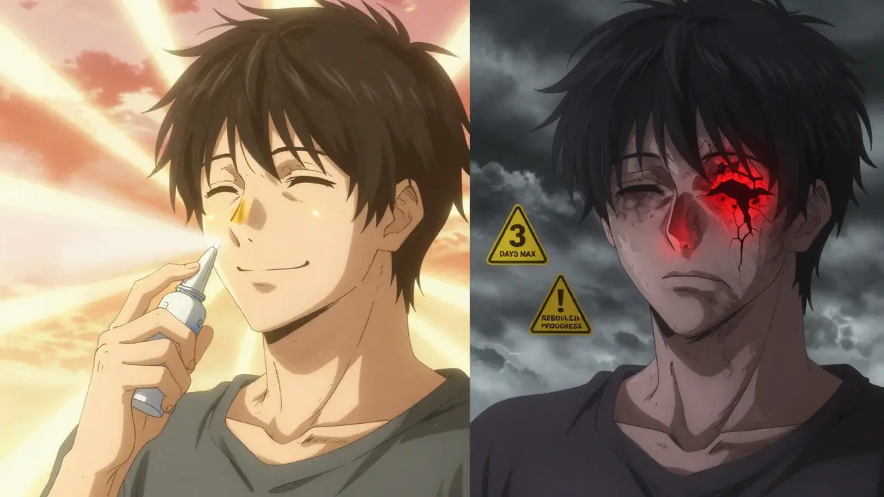 Split image: one side shows relief from nasal spray, the other shows severe congestion and warning signs.