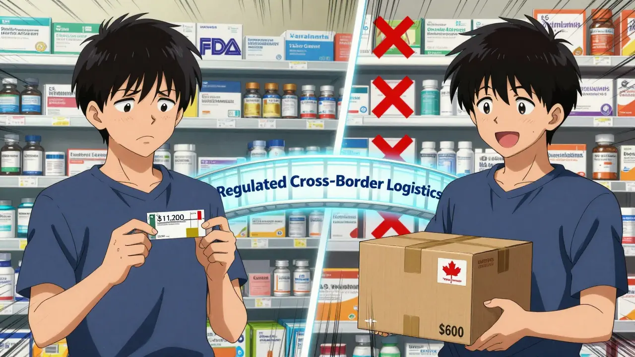 Split scene: person paying ,200 at U.S. pharmacy vs 0 at Canadian warehouse with a regulatory bridge between them, FDA-approved drugs visible.
